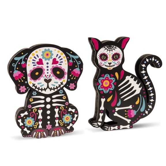 flangairy Wooden Day of The Dead Dog Cat Figurine, 2 Piece Dia De Los Muertos Ofrenda Altar Sugar Skulls Altar Table Decorations, Mexican Halloween Indoor Tiered Tray Shelf Tabletop Decor for Home