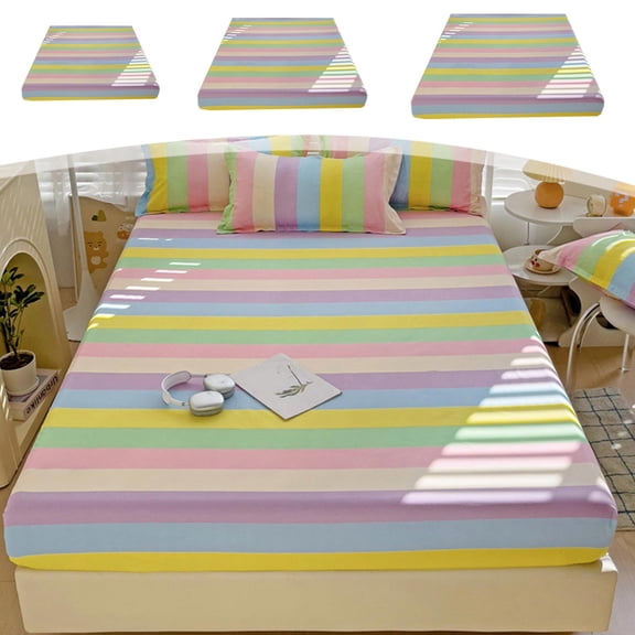 Cotton Fitted Sheet with Colorful Stripes, Deep Pocket Mattress , Soft Skin-Friendly Bedspread for and Adult Beds