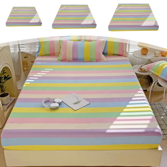 Sentmoon Fitted Sheets Bed Sheet Colorful Striped Washed Cottons Fitted Sheet Soft Cutis-Friendly Fitted Sheet Mattress Protector and Bedspread