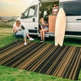thumbnail image 2 of Hasoo 8' x 10' Black & Brown Outdoor Rug Plastic Straw Geometric Striped Carpet Waterproof PP Tube Woven Portable Mat for Patio Decor, Balcony, Picnic, 2 of 6