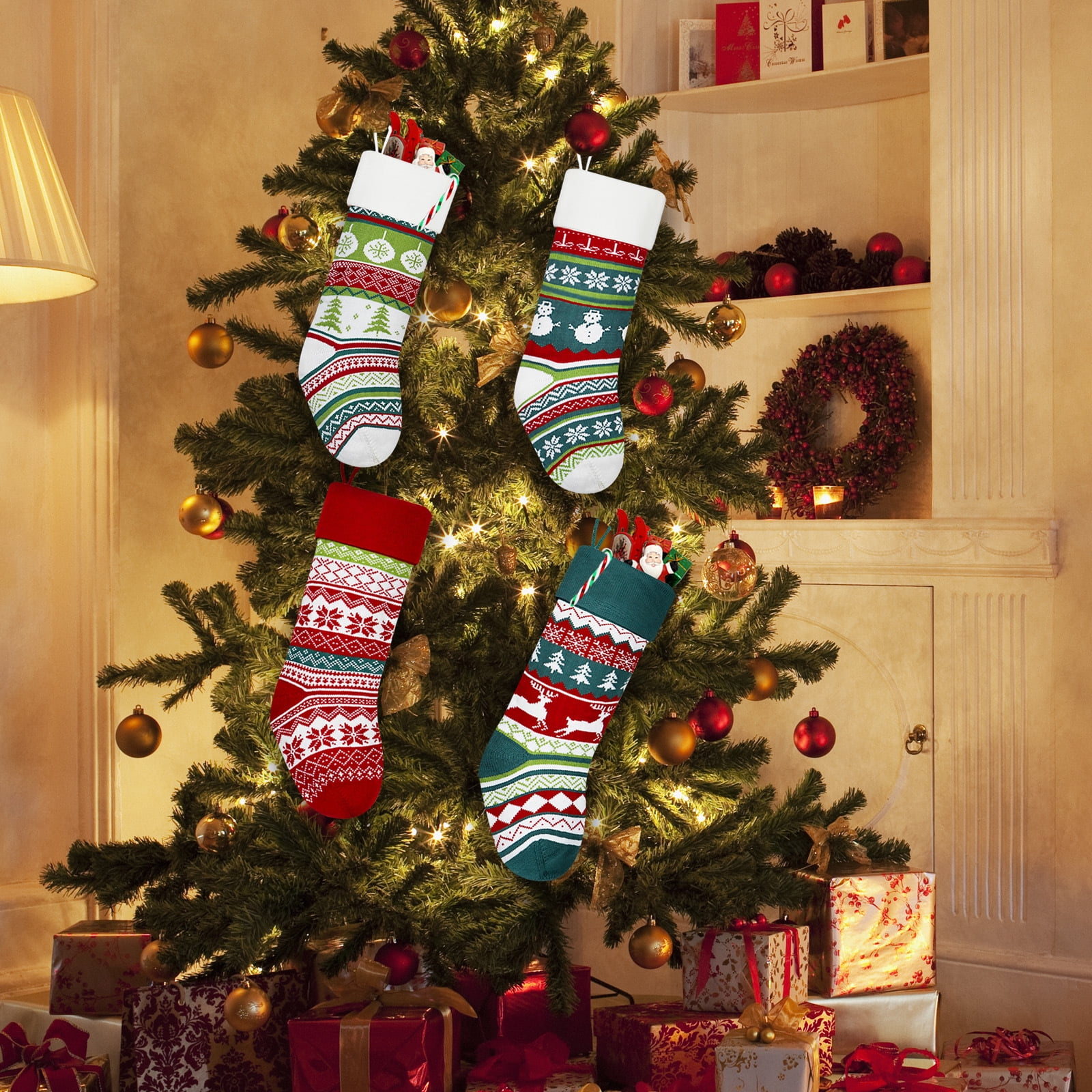 Dalrosia Knit Christmas Stockings,4PCS Snowflake Reindeer Snowman Personalized Cable Knit Stockings for Christmas Candy Gifts Decor