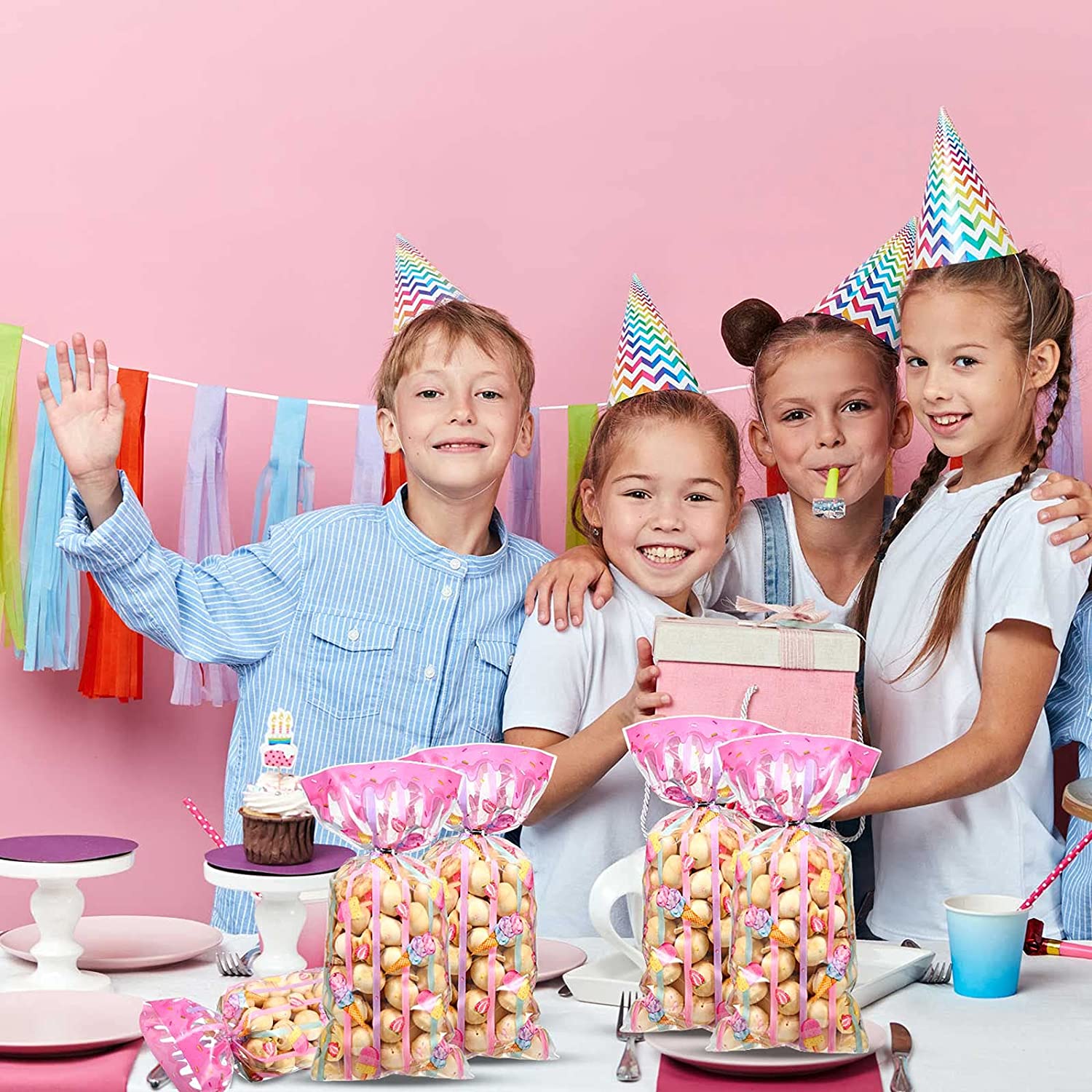 100 Pieces Ice Cream Treat Bags Cello Clear Sweet Party Favors Plastic Candy Cellophane Bags with 100 Silver Twist Ties for Kids Sweet Birthday Decorations Supplies