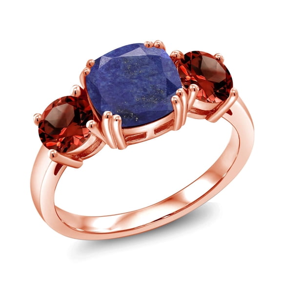 Gem Stone King 18K Rose Gold Plated Silver Blue Lapis and Red Garnet 3 Stone Engagement Ring for Women (4.00 Cttw, Gemstone, Cushion 8MM, Size 6)