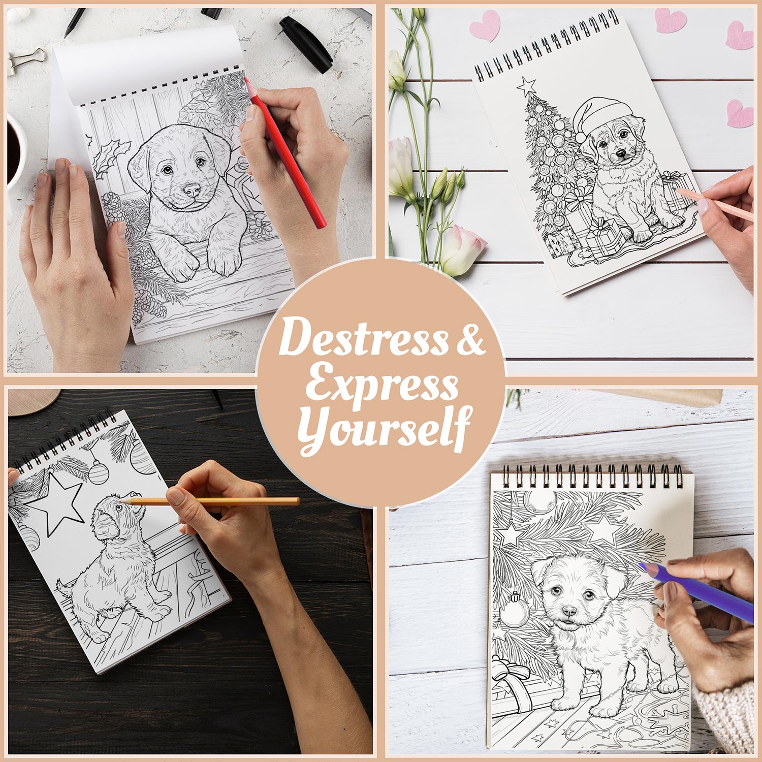Netecom Christmas Puppies Coloring Book Spiral Bound for Adults, A5 Wooden Cover, 30 Xmas Theme Coloring Pages of Cute Dogs for Stress Relief and Relaxation
