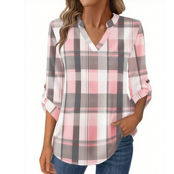 Blmnix Holiday Shirts for Women Pullover Checkered Cotton Linen Tshirt V-Neck 3/4 Sleeve Pink Boho Tops for Women,M