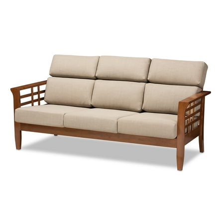 Style Living Room - Baxton Studio Larissa Modern Classic Mission Style Cherry Finished Brown Wood and Fabric High Back Cushioned Living Room 3-Seater Sofa, Multiple Colors