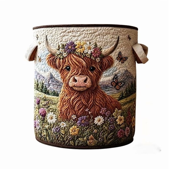 SHENGXINY Large Capacity Laundry Basket Cow Floral Printed Quilted Fabric Storage Basket Embroidery Style Organizer With Comfortable Carrying Handles
