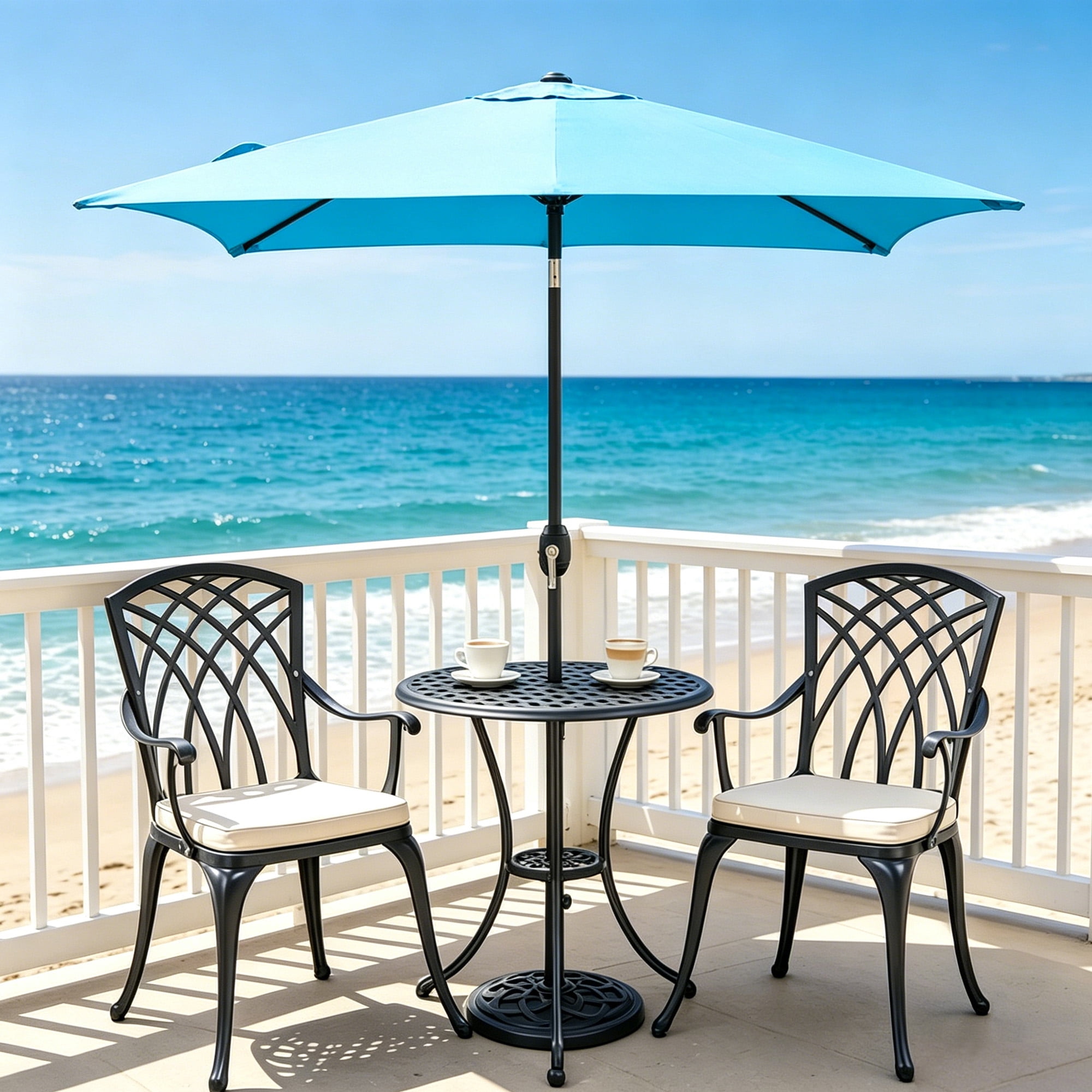 Kool 6.5 ft Square Outdoor Patio Market Umbrella with Push Button Tilt and Crank Handle, Aqua