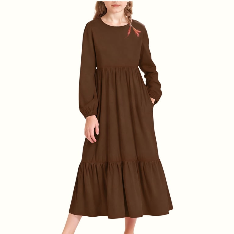 brown dresses for fall Jinhomg Girls Maxi Dress Puff Long Sleeve Ruffle A-Line Solid Color Casual Tiered Dress with Pockets 4-15 Years Black with every detail carefully Slim-fit maxi dress A-line wedding gown with Print Name:Resort White Pansy Fansy Engineered Knit Shift