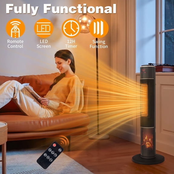 33" Tower Space Heater with 3D Flame, 1500W Portable Electric Heater with Thermostat, 60° Oscillation, Timer, Remote Control, for Indoor Bedroom Office Home, Black
