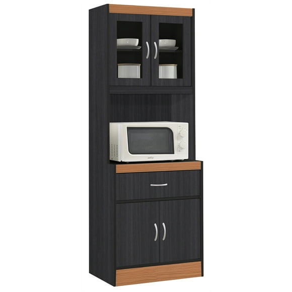 Hodedah Kitchen Cabinet 1 Drawer and Space for Microwave in Black-Beige Wood