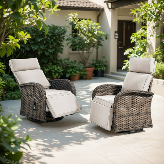 Outdoor Wicker Swivel Reclining Chair with Adjustable Back and Footrest Set of 2, All-Weather Rattan Recliner Chaise Lounge with Beige Cushions for Poolside Balcony Deck