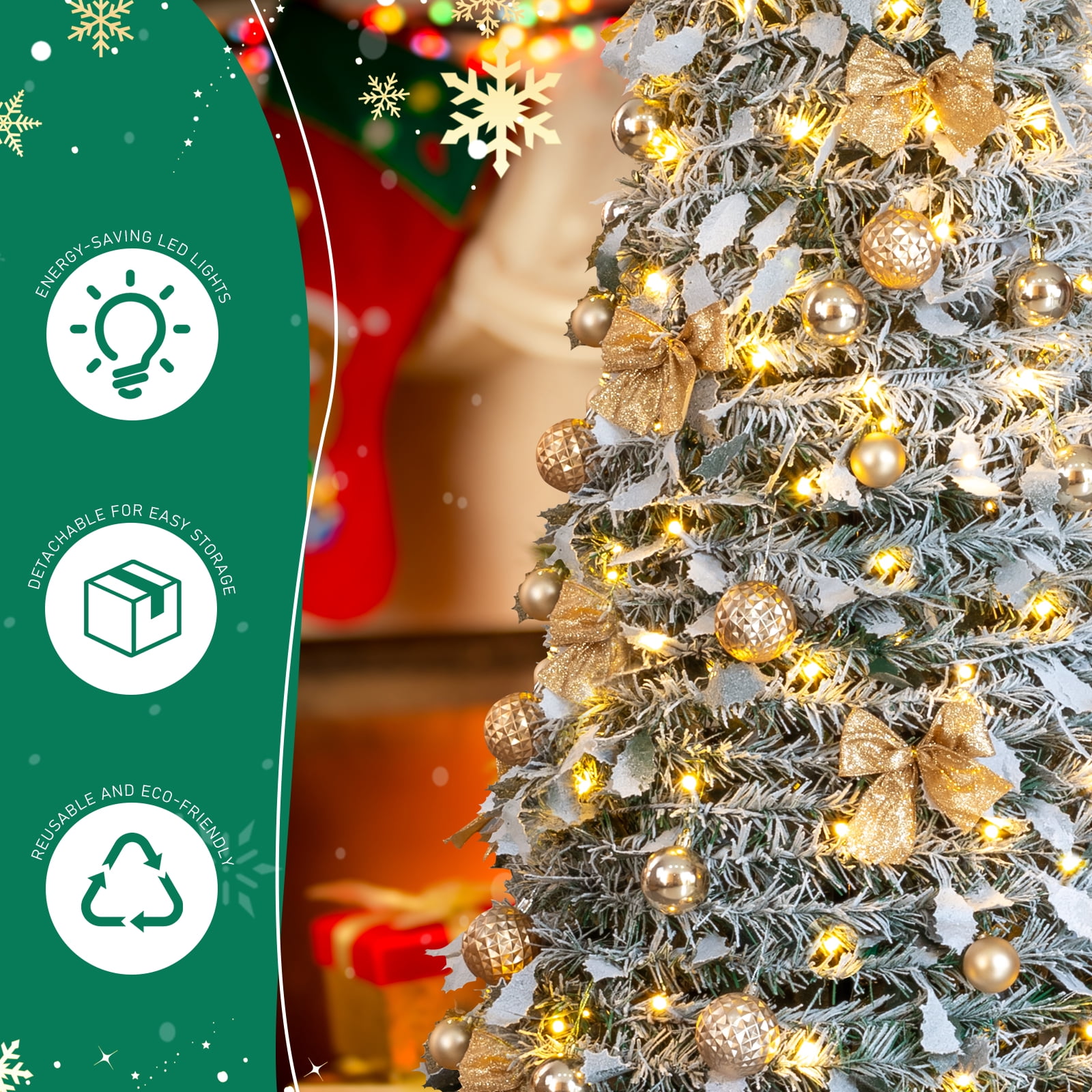 Astoutdoor 6 ft Snow Flocked Pre-lit Artificial Pop Up Christmas Tree with 100 Warm Lights and Golden Ornaments, Snowy Green
