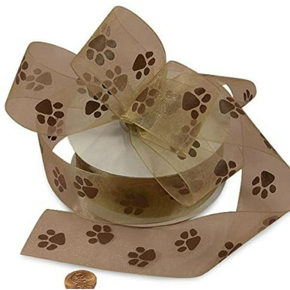 Sheer Brown Paw Prints Organza Ribbon - 5/8 Inches Wide X 25 Yards (4857388)