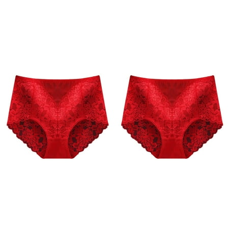 (2-Pack) Rinsvye Women s Mid High Waist Thong Lot Large Sexy Lace Panties Seamless Bikini Underwear Women Brief Briefs