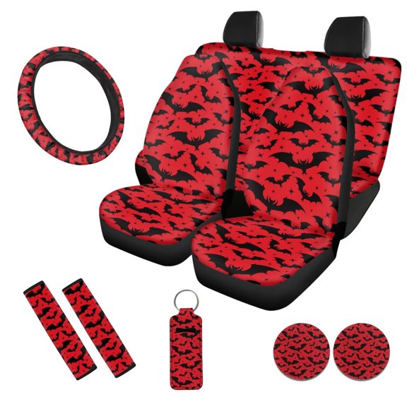 Uorisanigo Halloween Bats 10 Pieces Automobile Seat Cover Sets with Car Steering Wheel Cover Car Seat Belt Cover Cars Water Cup Coaster Keychains Soft Anti-slip Auto Interior for Cars SUVs