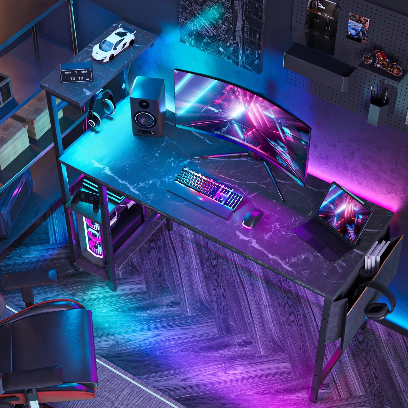 Bestier 52 inch Gaming Desk with LED Lights & Adjustable Storage Shelves,7 Main Color+22 Dynamic Modes LED Computer Desk,Black Marble Platform
