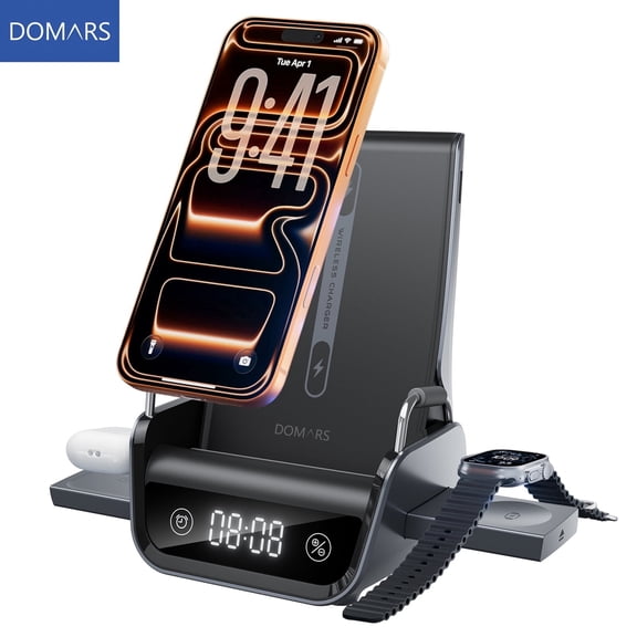 Domars 4-in-1 Wireless Charger, 25W Fast Charging Multi-Device Charging Station with Clock Display, Fixed Phone Holder & Retractable Charging Area for Phone, Watch, Earbuds