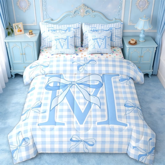 Erosebridal Letter M Monogrammed 7-Piece Twin Bedding Sets For Kids,Classic Geometric Buffalo Plaid Bedding Comforter Set,Colorful Stars Reversible
