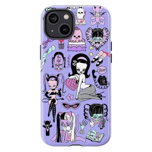 Cute Pastel Goth Phone Case for iPhone 17 16 15 14 13 12 11 Pro Plus Mini, Lavender Retro Cartoon Collage Cover