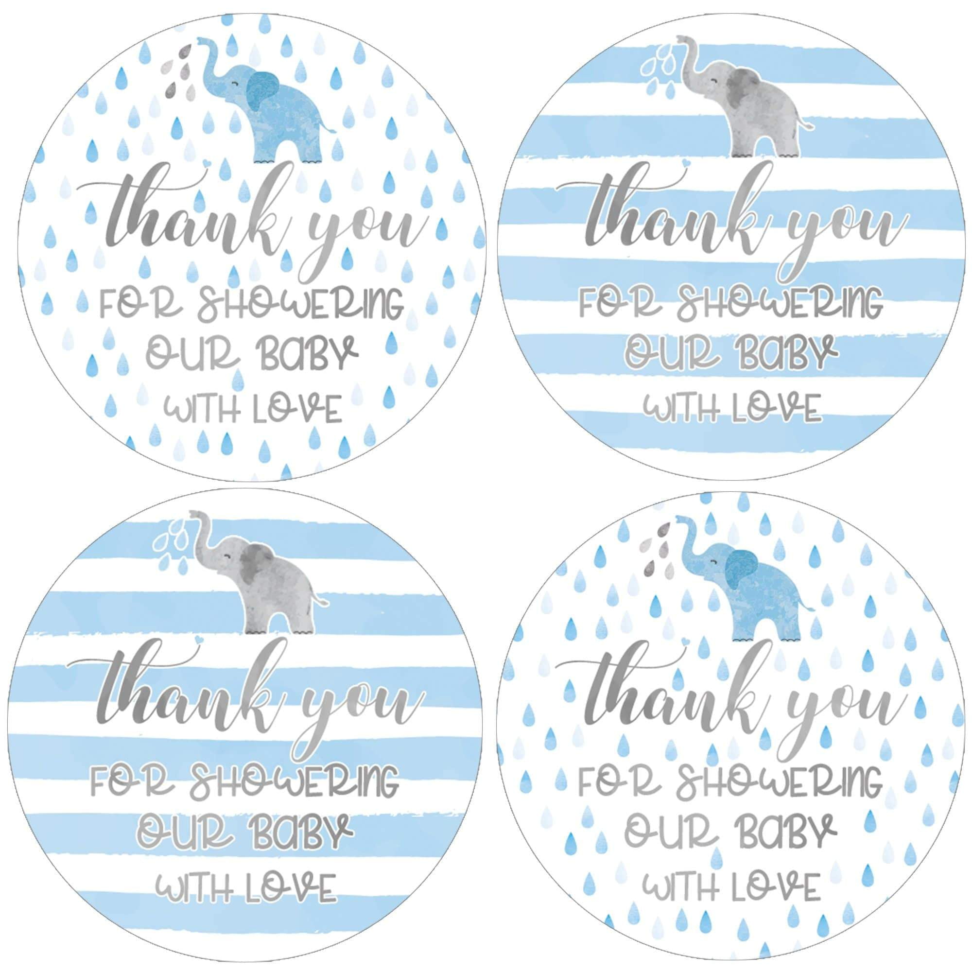 Pack of 35 Personalised Blue Floral Elephant Baby Shower Thank You Stickers Sweet Cone Stickers Blue Elephant Stickers Glossy