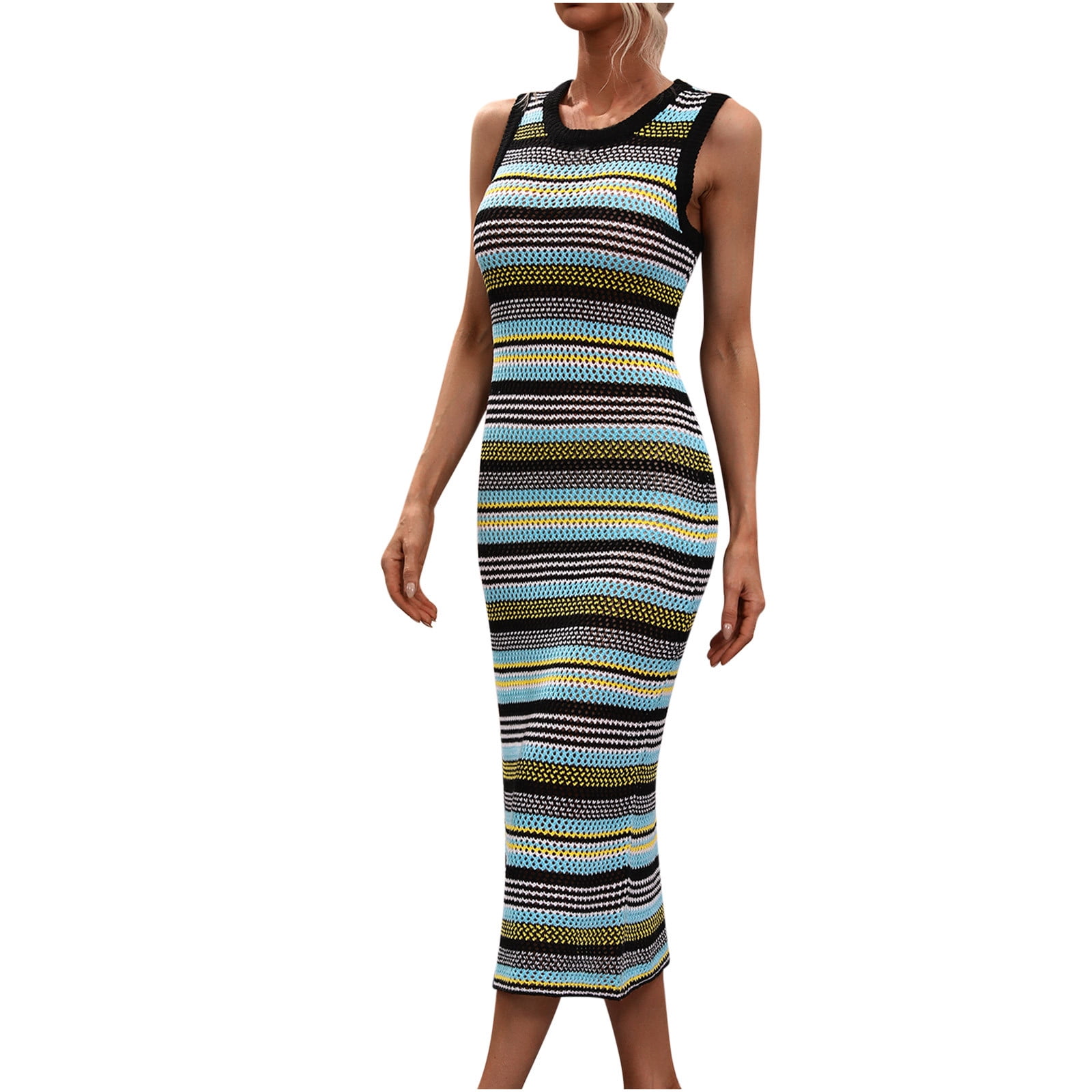 Crochet Dresses for Women Sexy Hollow Out Knitted Beach Bikini Cover Ups Sleeveless Crew Neck Trendy Stripe Printed Slim Fit Cover-Up Tank Midi Dress