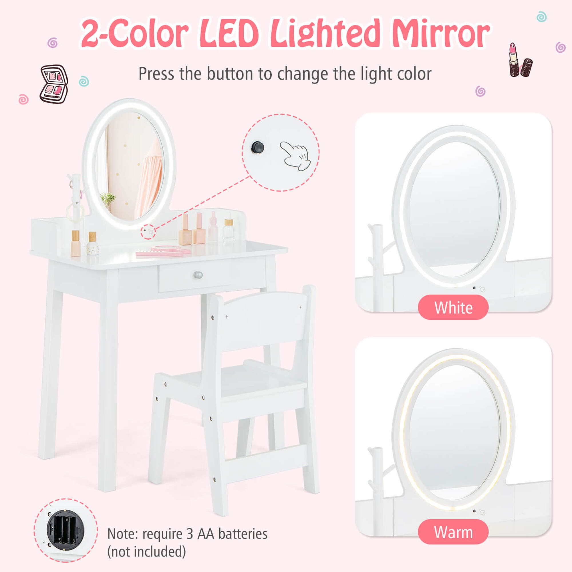 Costway Kids Vanity Set with Lighted Mirror Chair 2-Color LED Lighting for Girls Makeup White