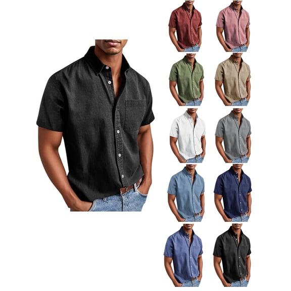 DayScoop Men Summer Solid Color Topss, Men's Casual Loose Fitting Stylish Breathable Button Pocket Short Sleeved Collared Shirt