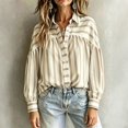 thumbnail image 5 of Boho Striped Button Down Shirt for Women, Vintage Long Sleeve Puff Sleeve Blouse, Oversized Loose Fit Casual Tops, Fall Fashion Tunic Khaki M, 5 of 5