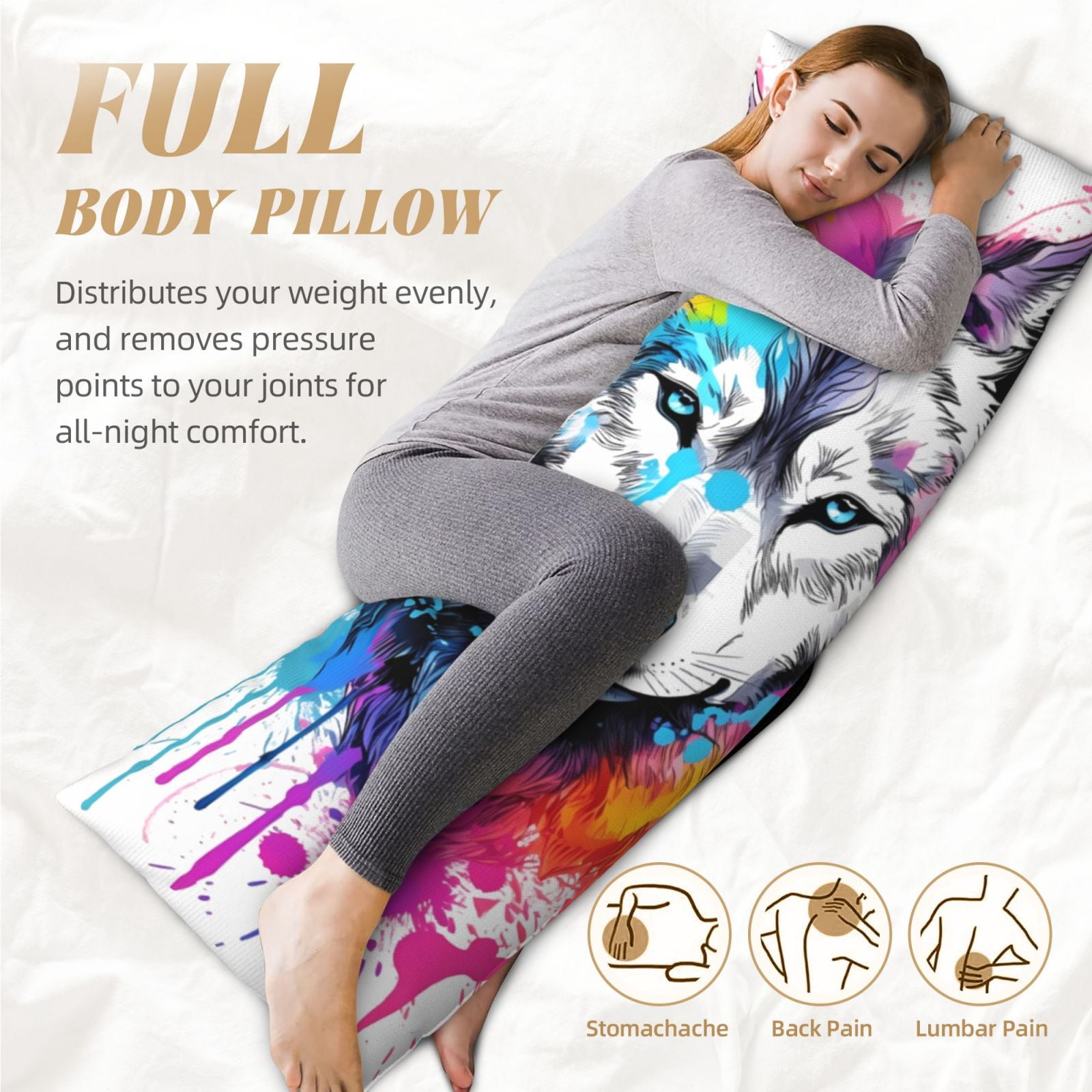Naloa Cool Colorful Wolf Super Soft 20x60 Body Pillow Case,Long Side Hidden Zipper（PILLOWS ARE NOT INCLUDED）