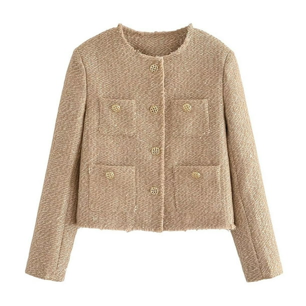 Blazer de moda para mujer, cuello redondo, manga larga, abrigo informal, traje pequeño, chaqueta tipo cárdigan, blazer, abrigo para mujer