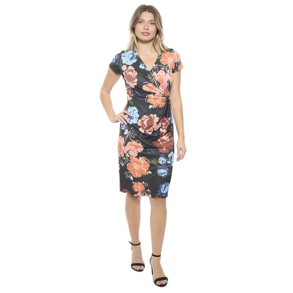 24seven Comfort Apparel Womens Floral V Neck Short Sleeve Knee Length Faux Wrap Dress