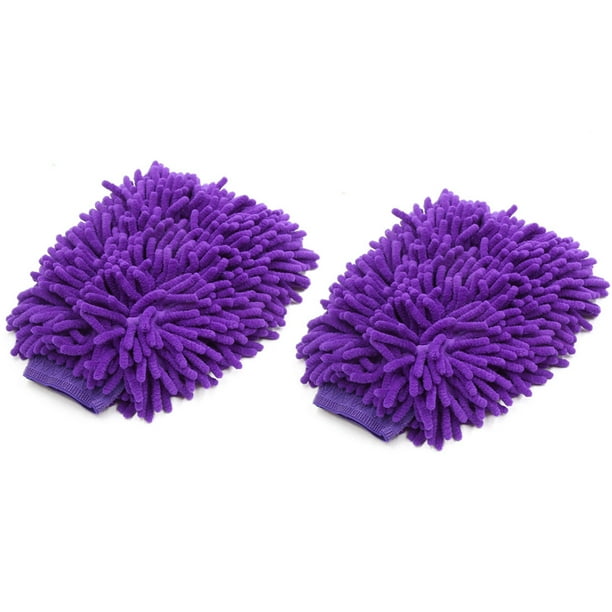 Unique Bargains 2pcs Violet Double Face en Microfibre Chenille Mitt Voiture Lavage Gant de Nettoyage