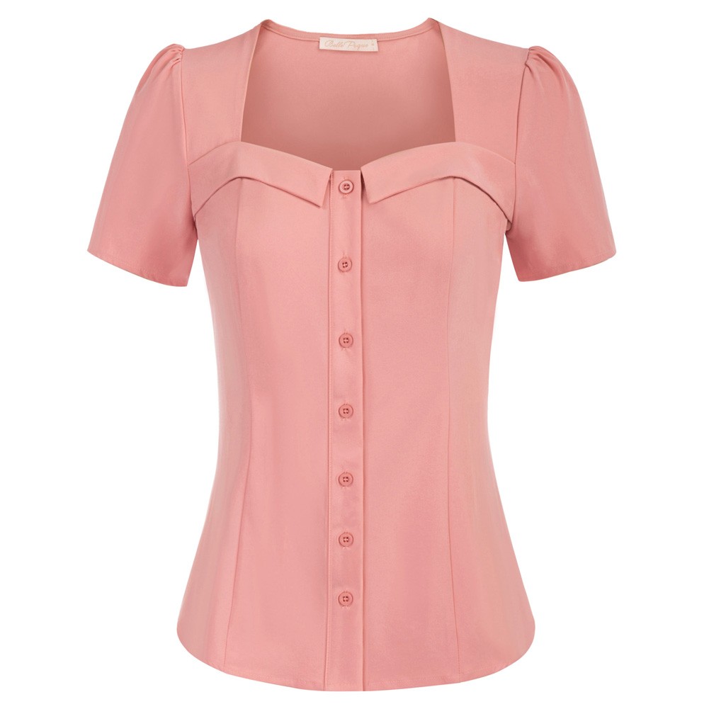 Belle Poque Women S Vintage Square Neck Short Sleeve Button Elegant Top Blouse Pink S