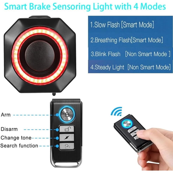 Smart Bike Tail Light with 110db Alarm, Wireless Rechargeable Anti-Theft System