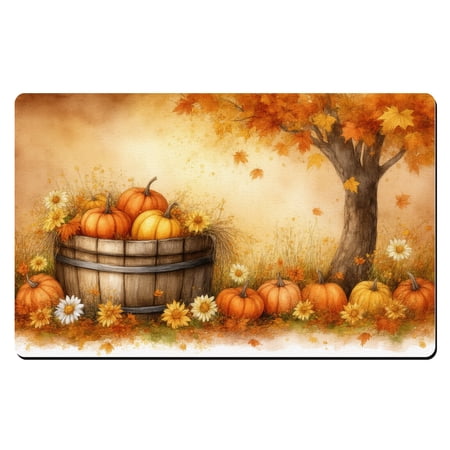 Fall Welcome Mats A bunch of pumpkins sitting in a wooden barrel under a tree. Front Door Inside Mat Non Slip 20 x 32 Cute Welcome Mats For Front Door