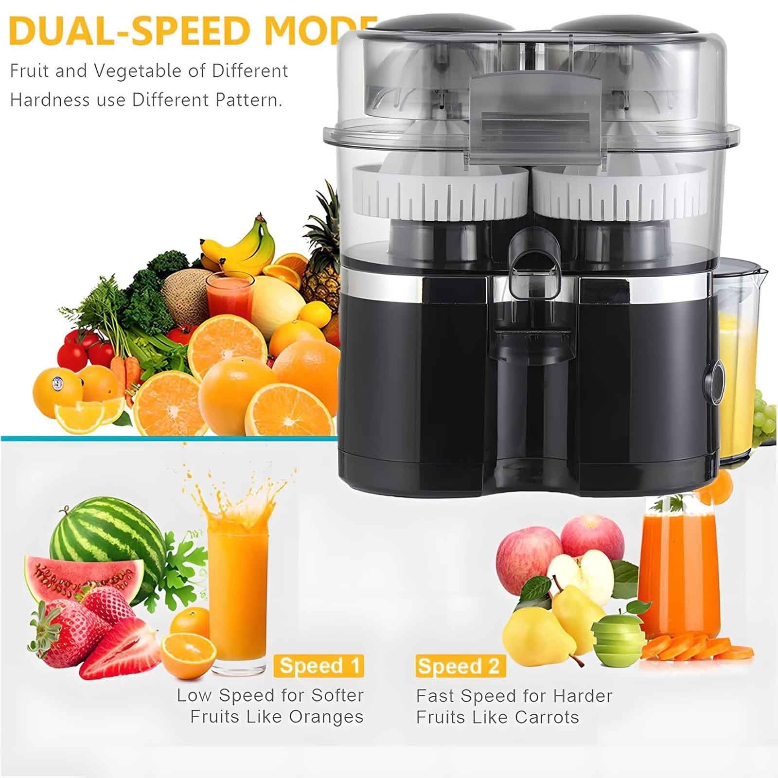 110V Dual Head Electric Juicer, High Speed Juice Separation Machine with Compact Design for Household Kitchen and Cafe Beverage Making, Black