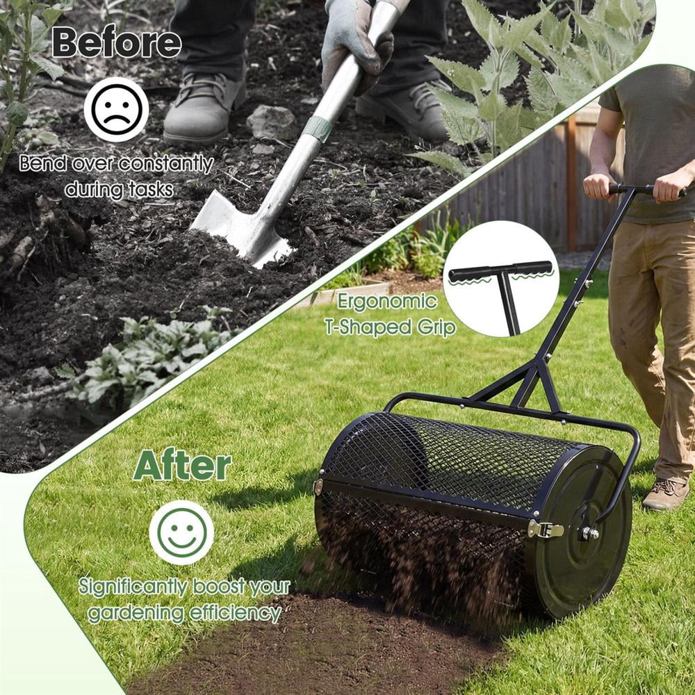 Topcobee 24 Inch Compost Spreader Peat Moss Spreader Roller with Height-Adjustable T-Shaped Handle, Garden Spreaders for Lawns-Black