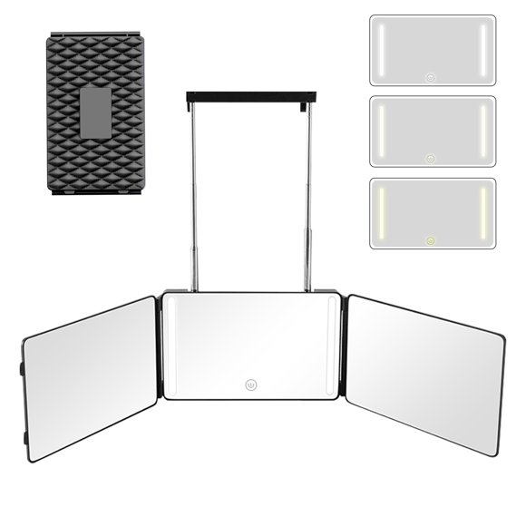 Espejo Moruedtu de 3 vías con vista de 360° con luces LED para corte de pelo