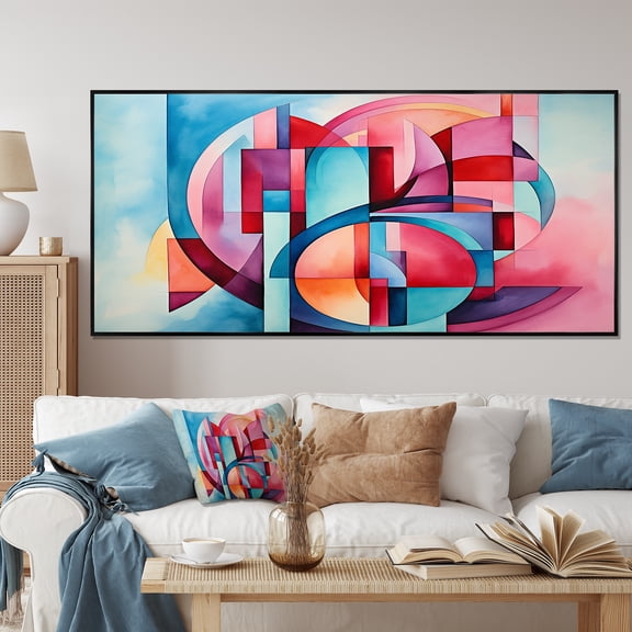 Designart "Geometric Spiral Pink and Blue Elegance" Oversized Abstract Framed Wall Art - Modern Pink Abstract Geometric Entryway Framed Wall Art