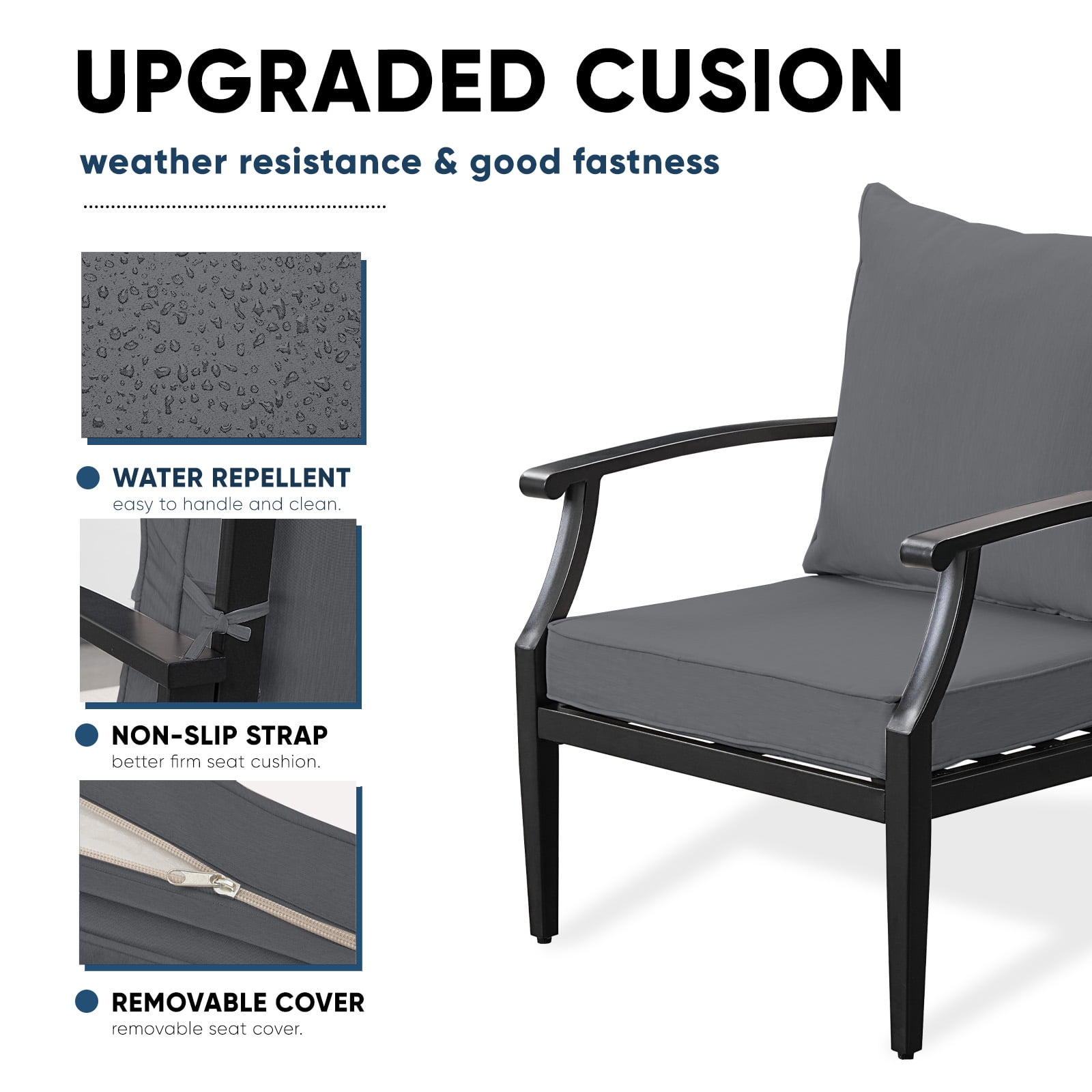 TerraRelax 4 Piece Outdoor Patio Furniture Set, Oversized Metal Conversation Set with High Back & Deep Seating, Water-Repellent Cushions, Coffee Table for Porch, Deck, Backyard, Grey