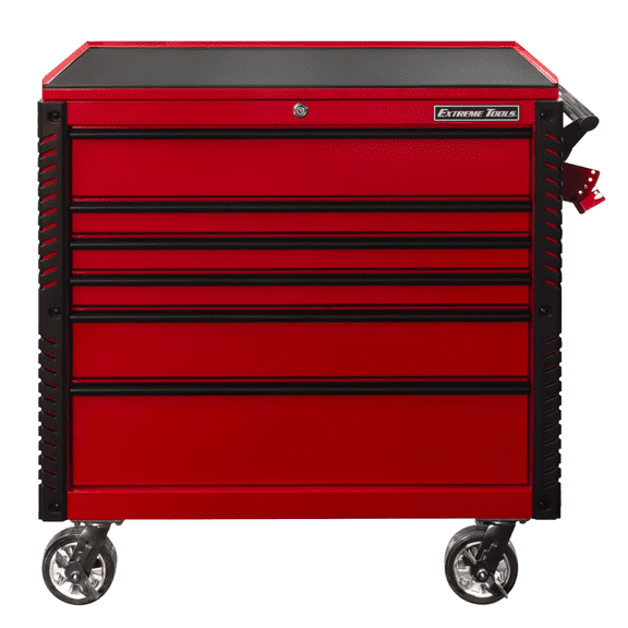 Extreme Tools EX Professional Series 41 Inch 6 Drawer Open Top Tool Cart with PVC-coated work surface - Red with Black Drawer Pulls