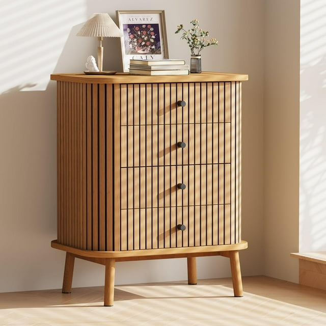 Commode Cannelée à 4 Tiroirs, Haute Commode Moderne, Commodes de Chambre avec Tiroirs, Design à Profil Courbé, Table d'Appoint pour Salon, Couloir, Entrée, Naturel