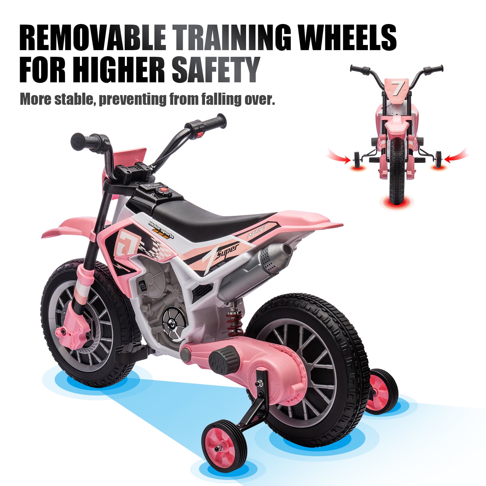 Pink 12V Kids Ride On Motorcycle Dirt Bikes with Training Wheels, Spring Suspension