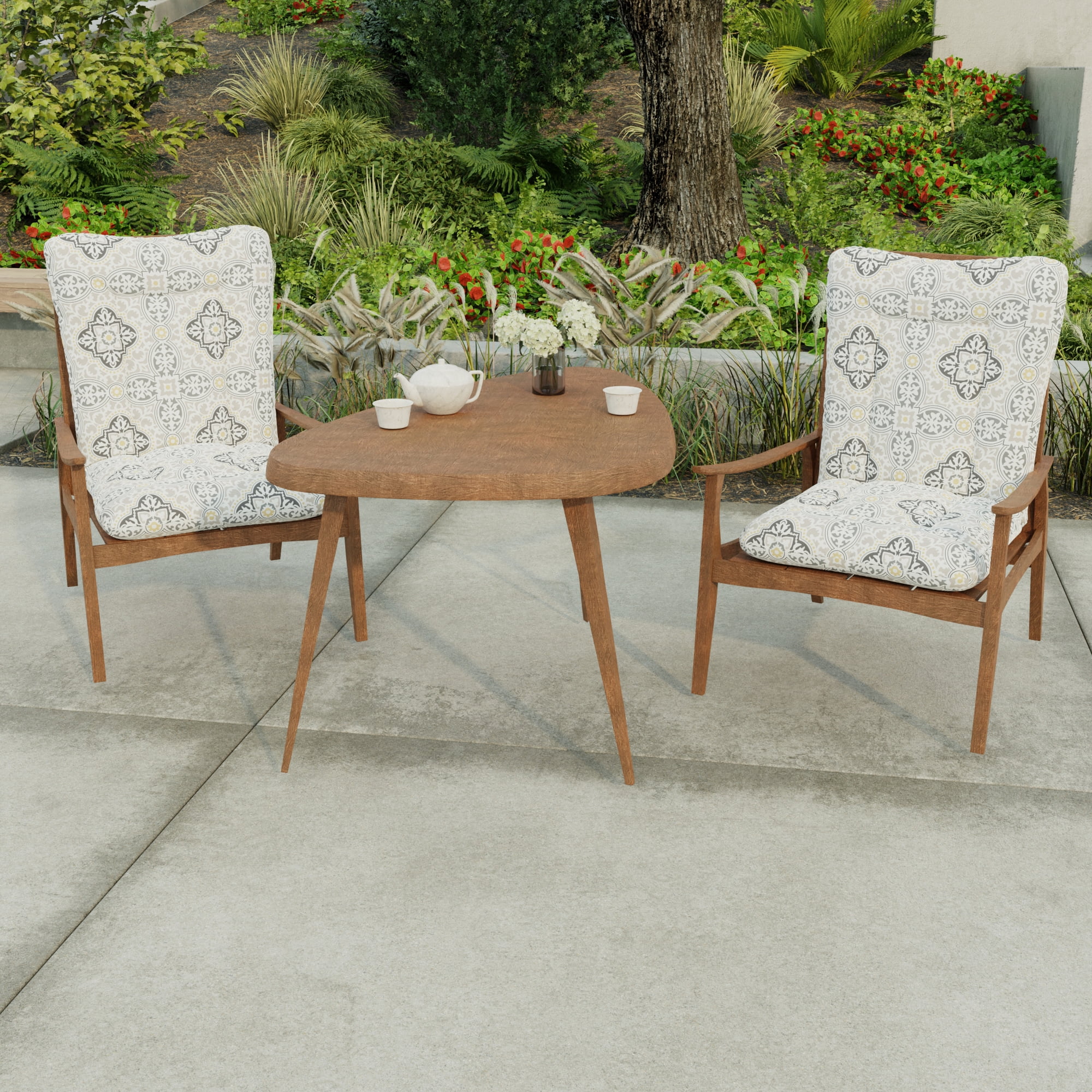 Jordan Manufacturing 38" x 21" Rave Grey Quatrefoil Rectangular Outdoor Wrought Iron Chair Cushion with Ties and Hanger Loop