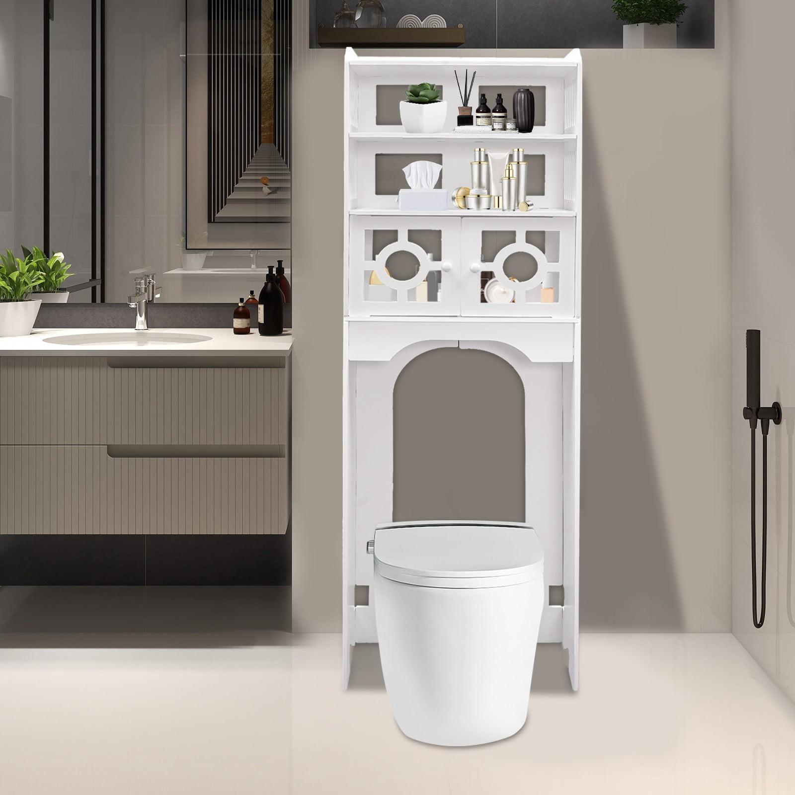 18.9*9.06 Over The Toilet Bathroom Storage Cabinet Wooden Organizer w/Adjustable Shelves White