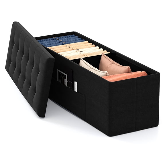 Gymax 43'' Folding Storage Ottoman Bench Linen End of Bed Bench w/Padded Seat Pocket Black