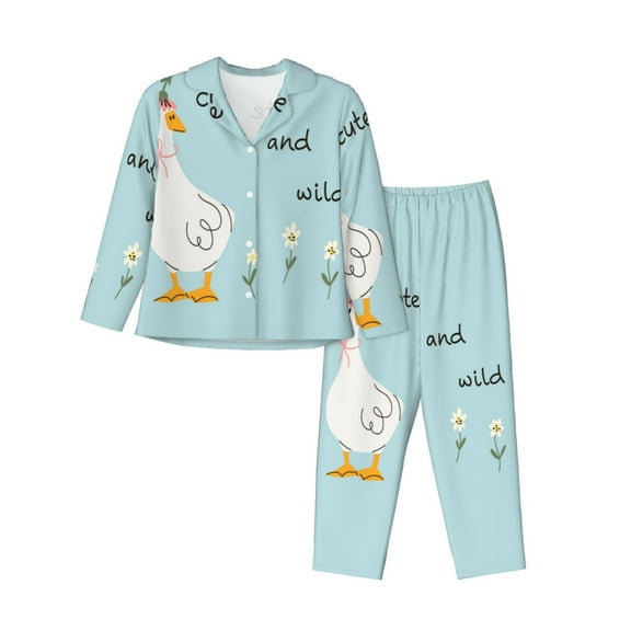 Xecao funny goose Print Women Pajamas Set Soft Sleepwear Pjs long Sleeve Button Down Nightwear with Long Pants-Small
