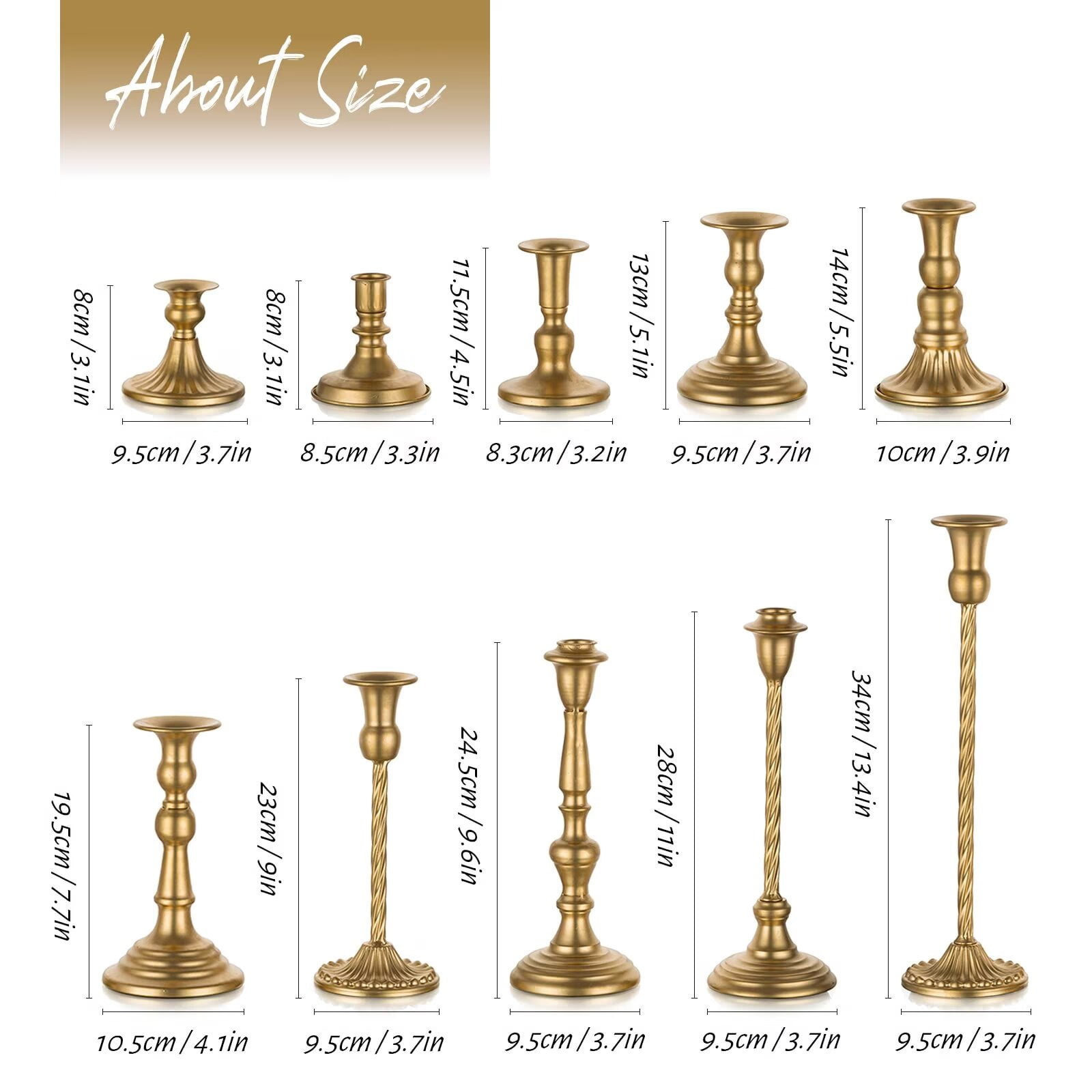 Nuptio  Set of 10 Gold Candlestick Holders, Tall Vintage Metal Taper Candle Holders for Dinning Table Centerpiece Mantel Decoration