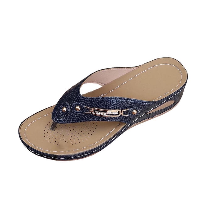 Wedge Slippers for Women with Rhinestone Buckle, Open-Toe Casual Slide Sandals, Textured Faux-Leather Summer Pool and Beach Shoes